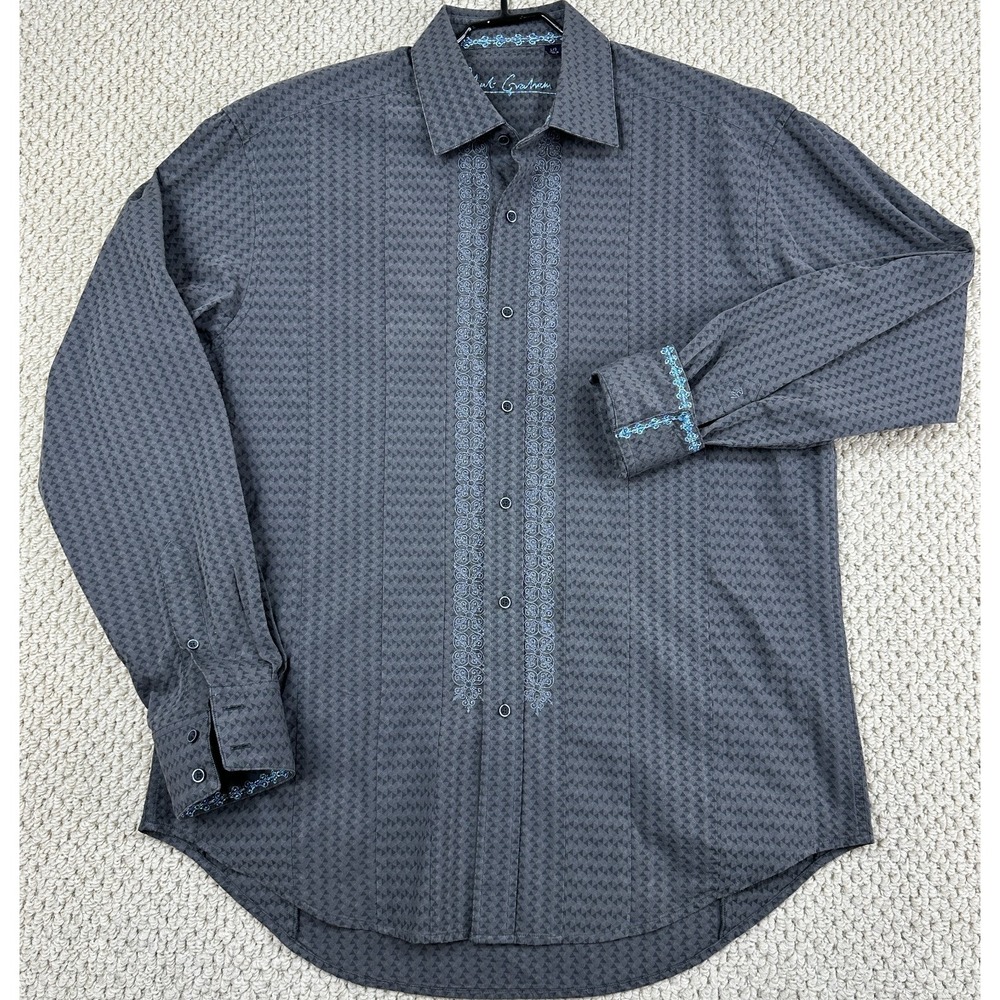 Robert Graham Shirt Mens L Charcoal Gray Geometric Embroidered Cuffs Button Up